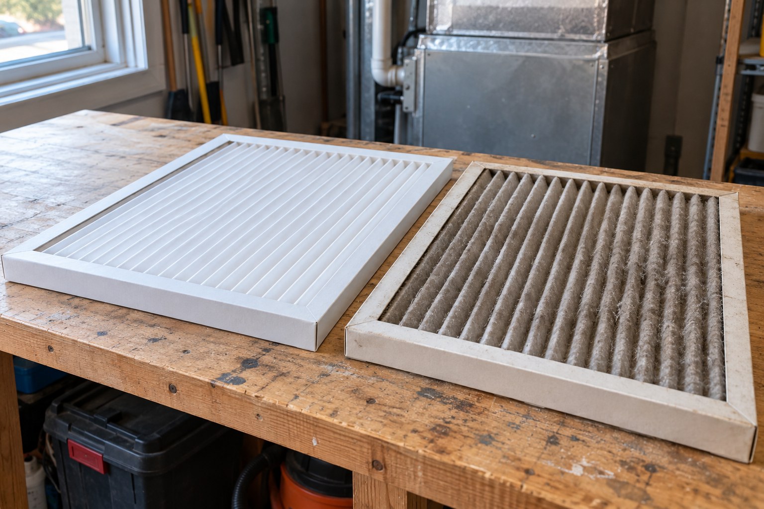 Illustrative new and used HVAC filters on a workbench