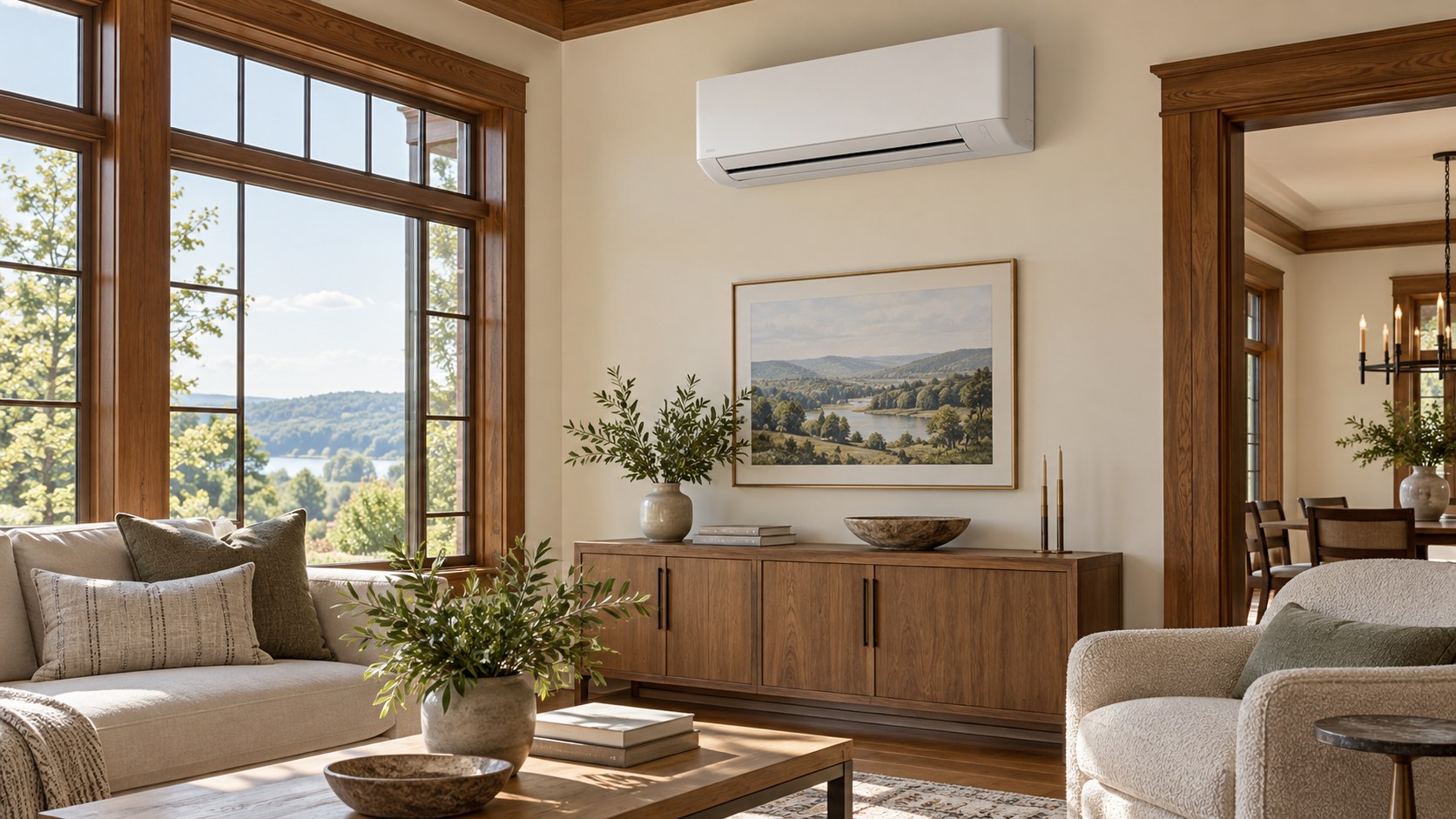 Illustrative living room with a wall-mounted cooling unit; not a completed company installation